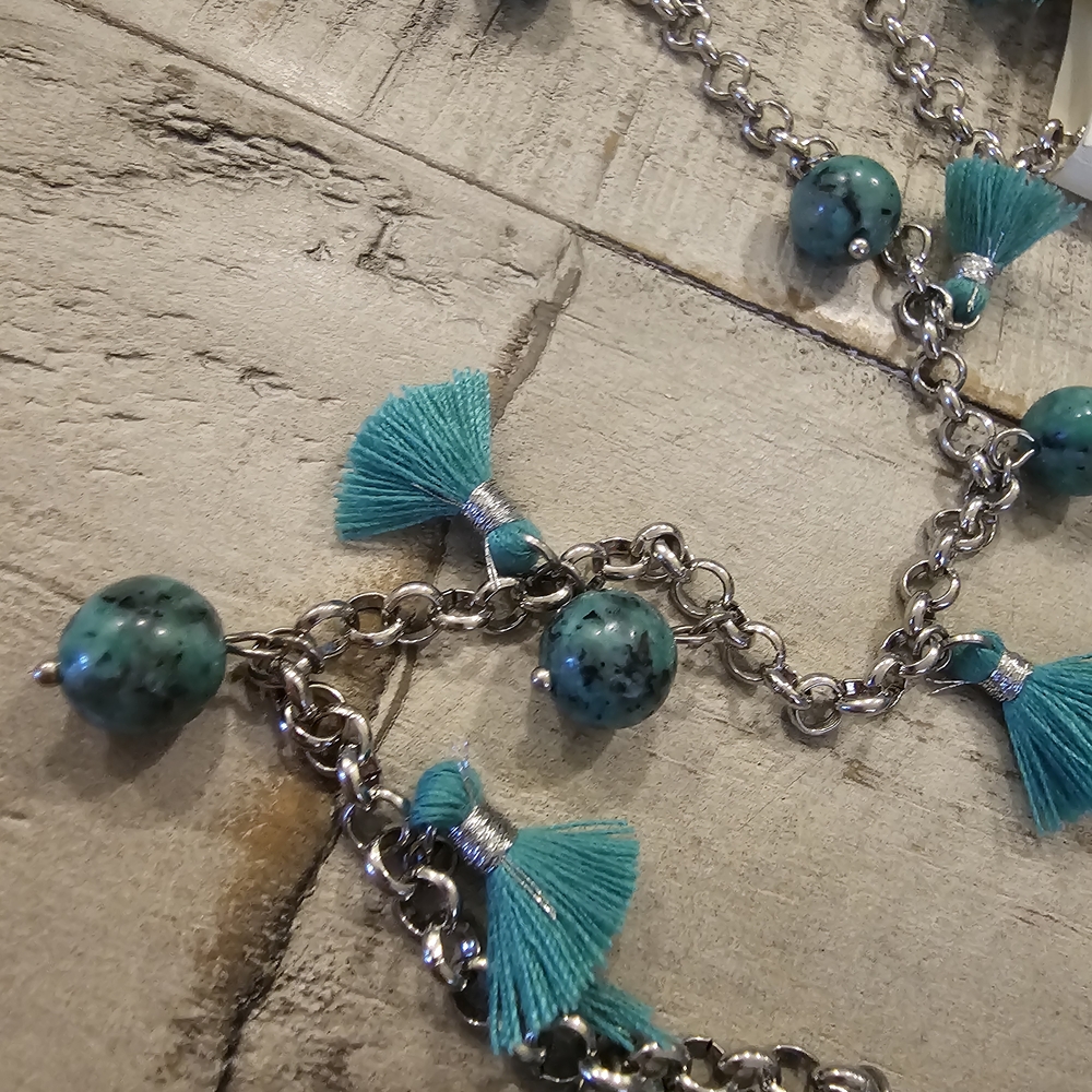Elegant Turquoise Tassel Necklace and Earring Set - Picture 2 of 3